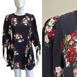 ZARA Cluster Floral Print Dress Size Small A-Line Tie Puff 3/4 Sleeve Fairycore